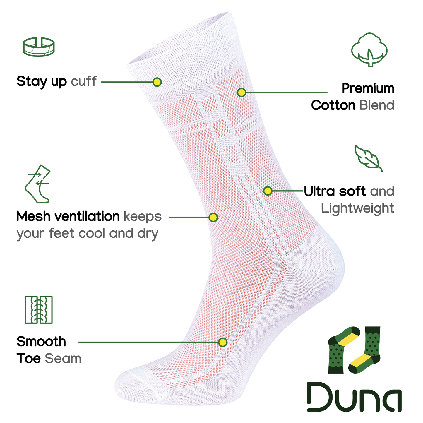 Mens Ultra thin Breathable Cotton Dress Socks White 5-pack