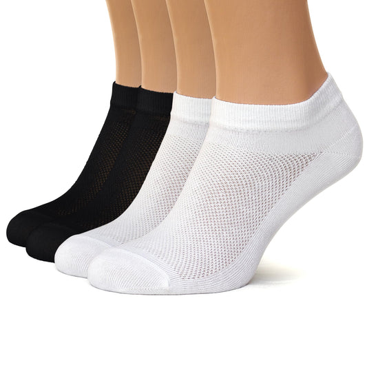 Unisex Ultra Thin Womens Socks Breathable Cotton Ankle Socks, size 7-9, (Black-White) in bag 4 pairs