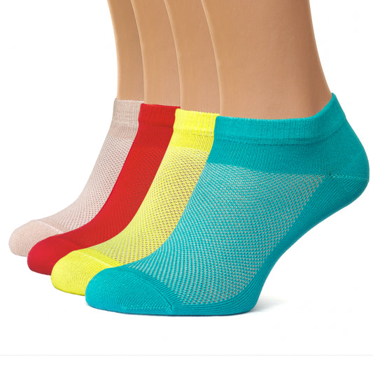 Unisex Ultra Thin Womens Socks Breathable Cotton Ankle Socks, size 7-9, in bag 4 pairs, mix colors mint, yellow, red, beige.