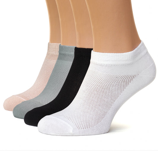 Unisex Ultra Thin Womens Socks Breathable Cotton Ankle Socks, size 7-9, in bag 4 pairs, mix colors white, black, gray, beige.